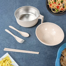 Rice Bowl Noodle 1 Bowl with 1 Lid and Handle Wheat Straw Noodle Bowls with Wheat Straw 1 Fork, 2 Chopsticks, 1 Spoon for Soup Salad Snack Set (6 Pcs Set)