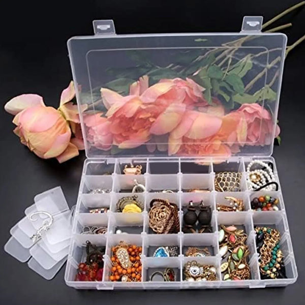 Clear plastic organizer with 36 grids and adjustable dividers