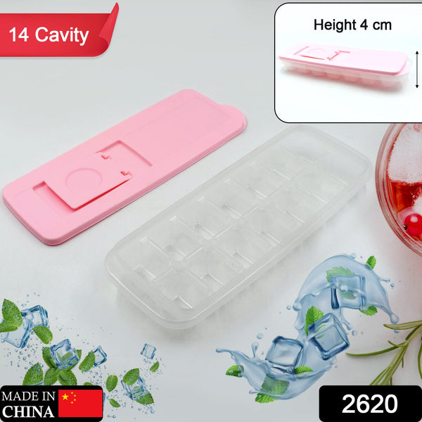 Flexible silicone ice cube tray with lid, makes 14 cubes, stackable and dishwasher safe.