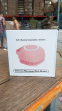 Massage bath body brush with silicone bristles and easy-to-use shampoo dispenser.